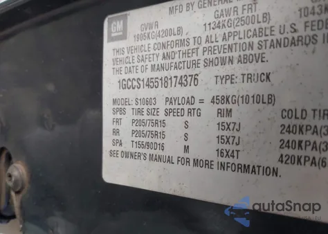 2001 Chevrolet S-10 Ls z USA, uszkodzony, nr VIN 1GCCS145518174376